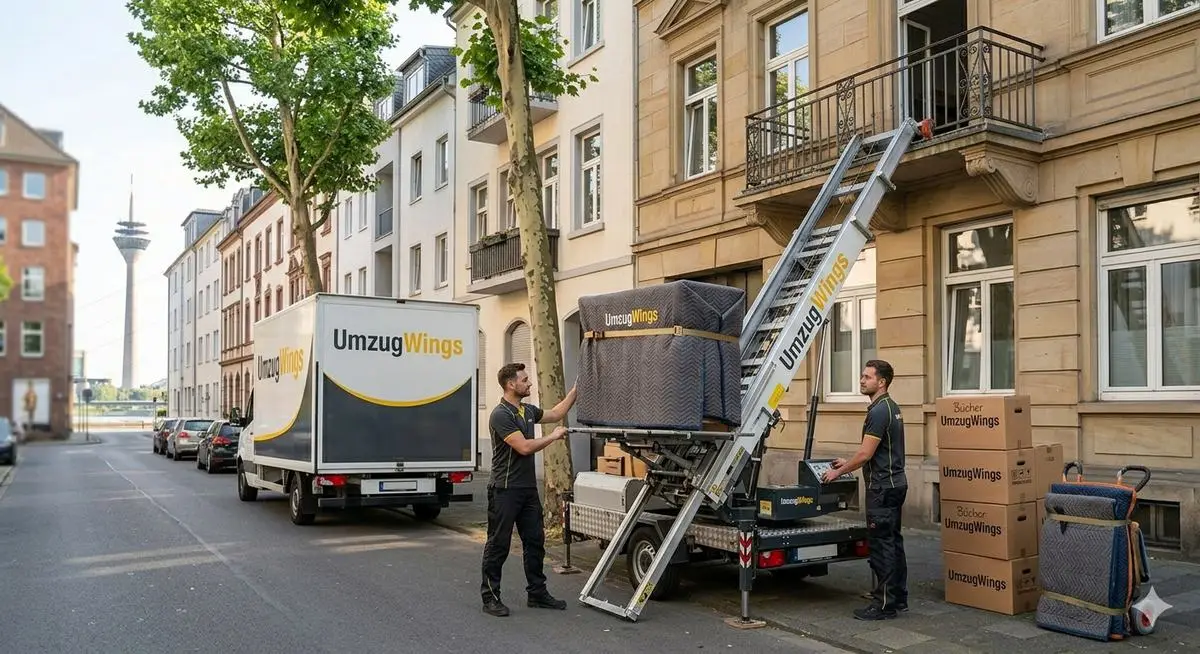 UmzugWings Team im Einsatz in Düsseldorf, Rheinturm im Hintergrund